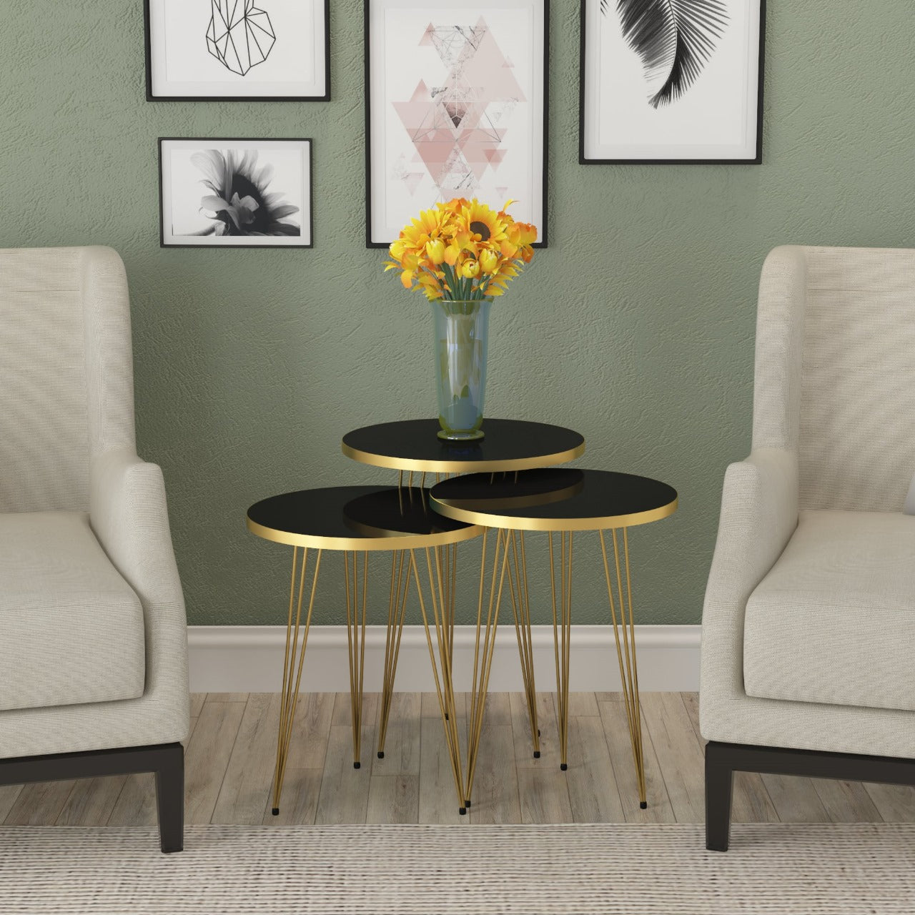 Elegant Nesting Table for Small Spaces, Bedside Table with Metal Legs for Bedroom, Living Room, Office, Balcony
